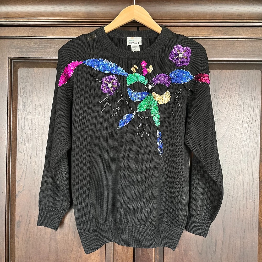 Vintage MISTER NOAH Sequin Colorful Sweater Shoulder Pads 80s Ugly Christmas M